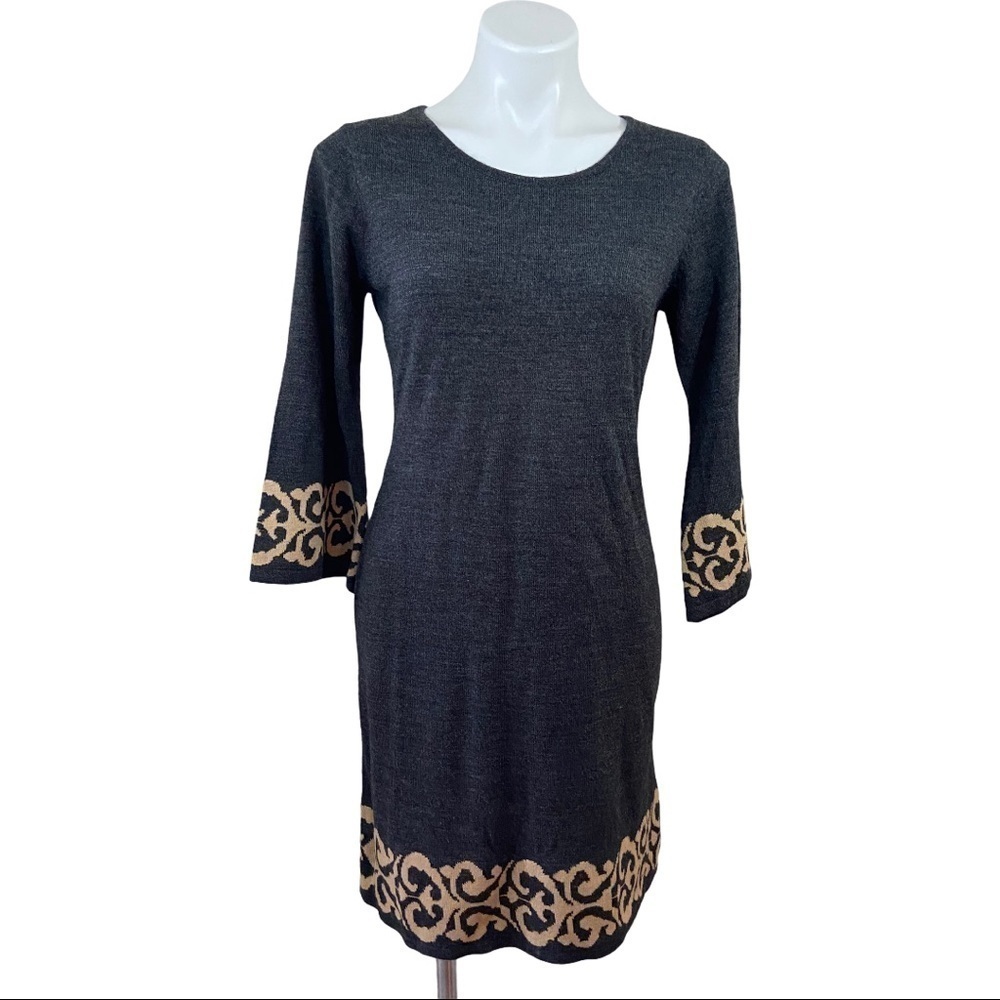 R & K Knitted Dress Dark Grey & Beige Bell Sleeve